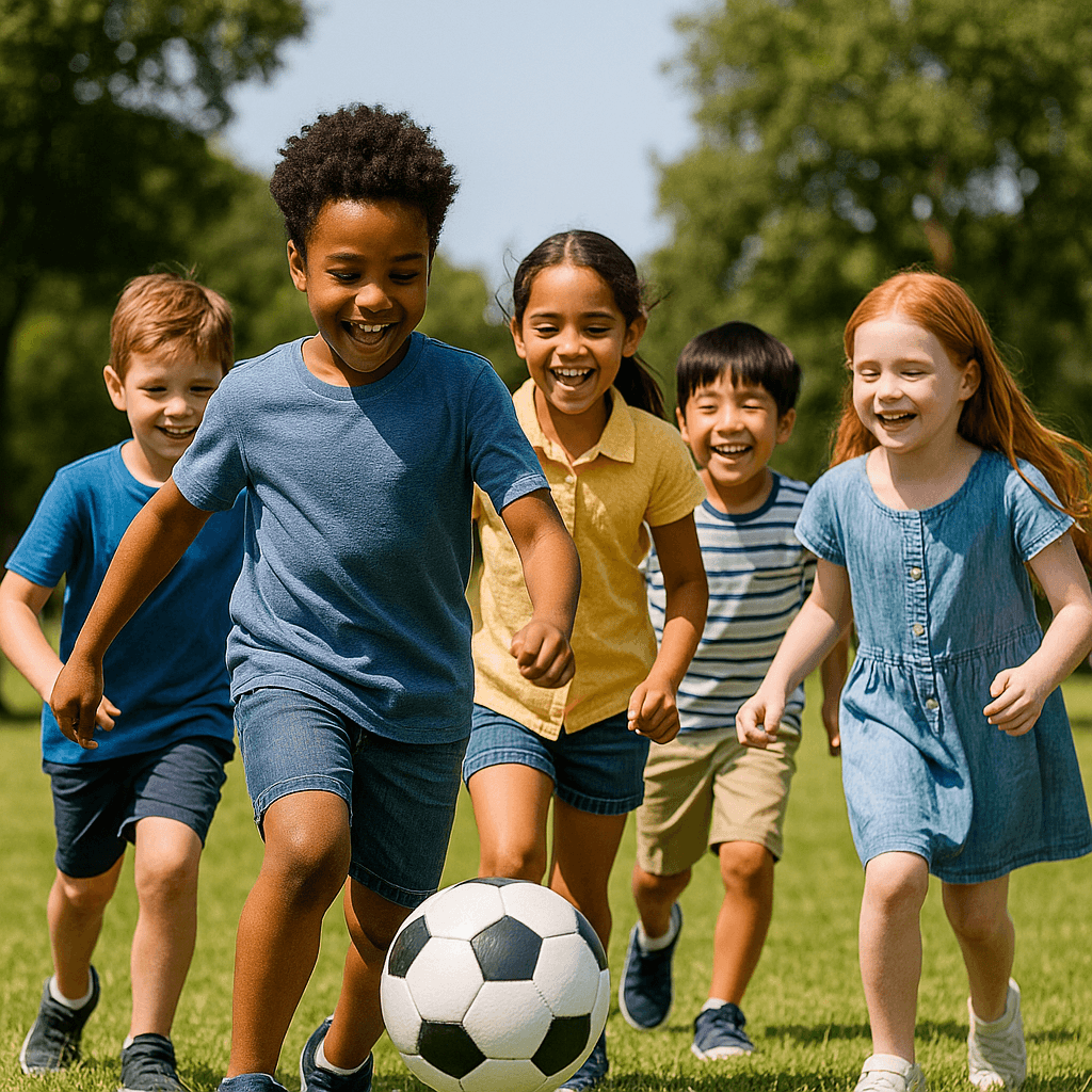 Kids playing soccer in the park